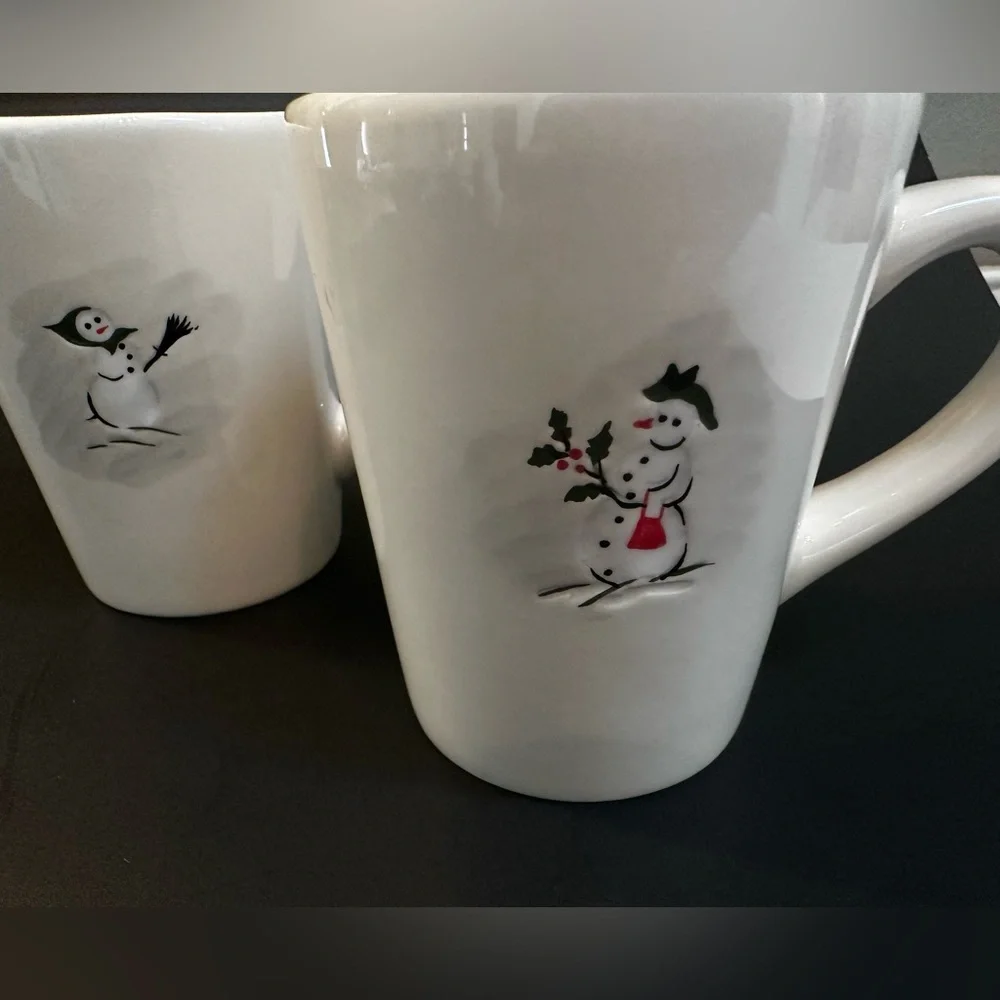 Williams Sonoma Set Of 2 Snowman Christmas Mugs 2003 Vintage Holiday Winter